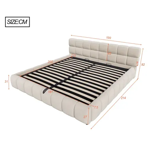 Lit Coffre 180x200 cm Beige Velours LED Hydraulique avec Sommier, Tête Capitonnée et Rangement
