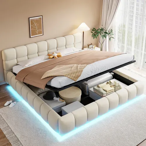 Lit Coffre 180x200 cm Beige Velours LED Hydraulique avec Sommier, Tête Capitonnée et Rangement
