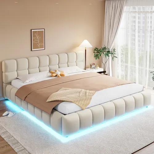 Lit Coffre 180x200 cm Beige Velours LED Hydraulique avec Sommier, Tête Capitonnée et Rangement