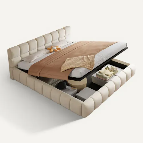 Lit Coffre 180x200 cm Beige Velours LED Hydraulique avec Sommier, Tête Capitonnée et Rangement