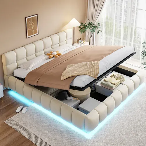 Lit Coffre 180x200 cm Beige Velours LED Hydraulique avec Sommier, Tête Capitonnée et Rangement