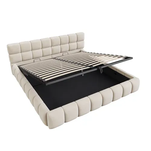 Lit Coffre 180x200 cm Beige Velours LED Hydraulique avec Sommier, Tête Capitonnée et Rangement