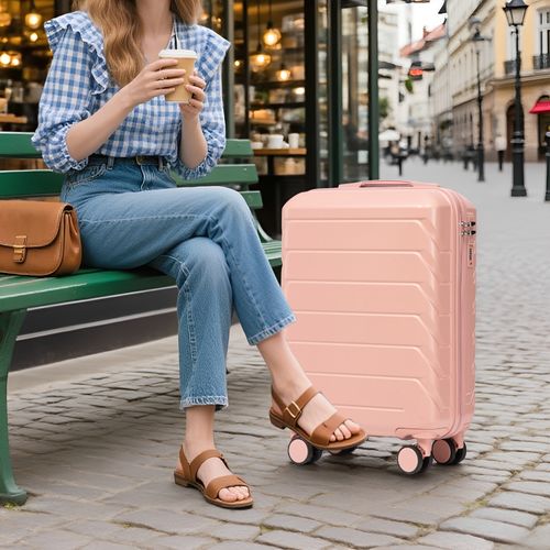 Set Valises 2 Pièces 19 Pouces + Trousse 14 Pouces En Abs Rose, Coque Anti-rayures, Roulettes 360°
