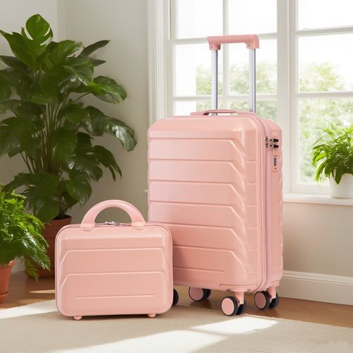 Set Valises 2 Pièces 19 Pouces + Trousse 14 Pouces En Abs Rose, Coque Anti-rayures, Roulettes 360°