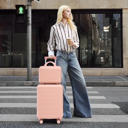 Set Valises 2 Pièces 19 Pouces + Trousse 14 Pouces En Abs Rose, Coque Anti-rayures, Roulettes 360°