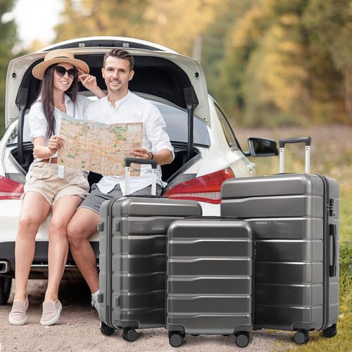 Set 3 Valises 20/24/28 Pouces Abs+pc Gris Antique, Coque Solide, Roulettes 360° Doubles