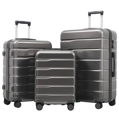 Set 3 Valises 20/24/28 Pouces Abs+pc Gris Antique, Coque Solide, Roulettes 360° Doubles