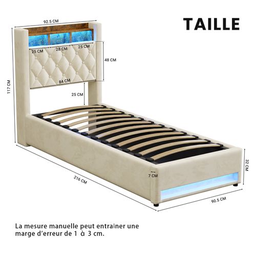 Lit Rembourré 90×200 Cm Avec Rangement, éclairage LED, USB/type-c, Grand Espace De Stockage, Beige