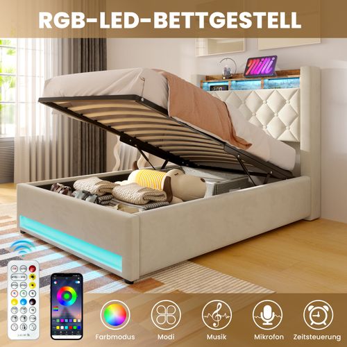 Lit Rembourré 90×200 Cm Avec Rangement, éclairage LED, USB/type-c, Grand Espace De Stockage, Beige