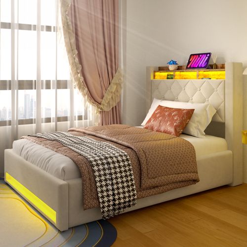 Lit Rembourré 90×200 Cm Avec Rangement, éclairage LED, USB/type-c, Grand Espace De Stockage, Beige