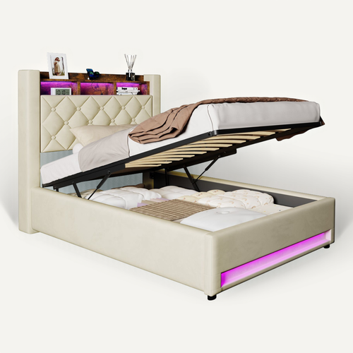 Lit Rembourré 90×200 Cm Avec Rangement, éclairage LED, USB/type-c, Grand Espace De Stockage, Beige