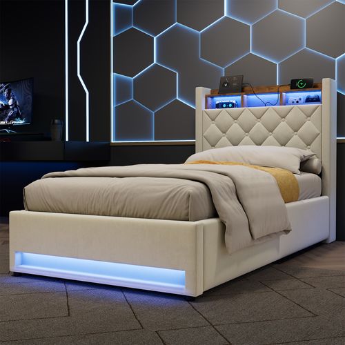 Lit Rembourré 90×200 Cm Avec Rangement, éclairage LED, USB/type-c, Grand Espace De Stockage, Beige