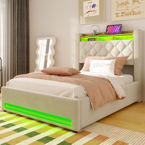 Lit Rembourré 90×200 Cm Avec Rangement, éclairage LED, USB/type-c, Grand Espace De Stockage, Beige