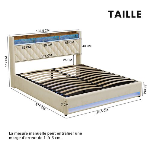 Lit Coffre 180×200 Cm Avec Rangement, éclairage LED, USB/type-c, Grand Espace De Stockage, Beige