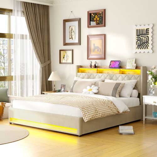 Lit Coffre 180×200 Cm Avec Rangement, éclairage LED, USB/type-c, Grand Espace De Stockage, Beige