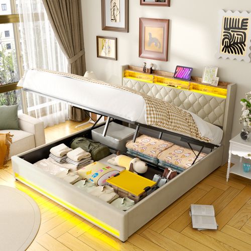 Lit Coffre 180×200 Cm Avec Rangement, éclairage LED, USB/type-c, Grand Espace De Stockage, Beige