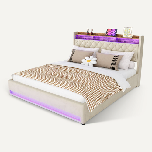 Lit Coffre 180×200 Cm Avec Rangement, éclairage LED, USB/type-c, Grand Espace De Stockage, Beige