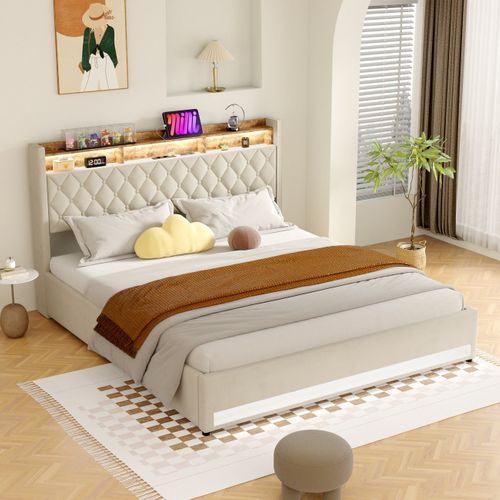Lit Coffre 180×200 Cm Avec Rangement, éclairage LED, USB/type-c, Grand Espace De Stockage, Beige