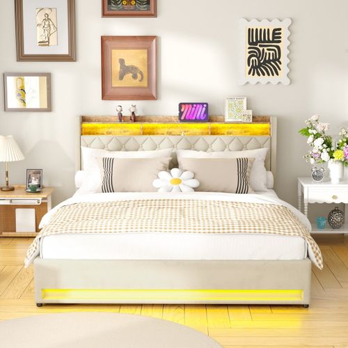 Lit Coffre 180×200 Cm Avec Rangement, éclairage LED, USB/type-c, Grand Espace De Stockage, Beige