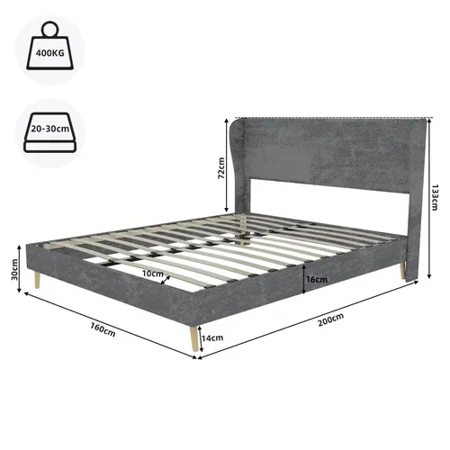 Lit Rembourré 160x200 Cm Avec Structure Sans Coffre En Tissu Gris