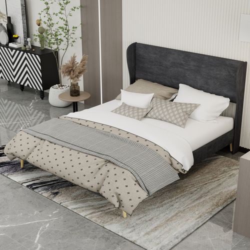 Lit Rembourré 160x200 Cm Avec Structure Sans Coffre En Tissu Gris