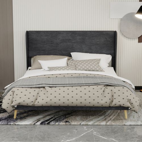 Lit Rembourré 160x200 Cm Avec Structure Sans Coffre En Tissu Gris