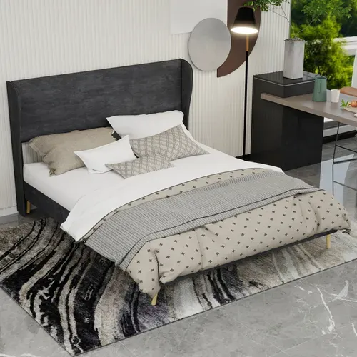 Lit Rembourré 160x200 Cm Avec Structure Sans Coffre En Tissu Gris