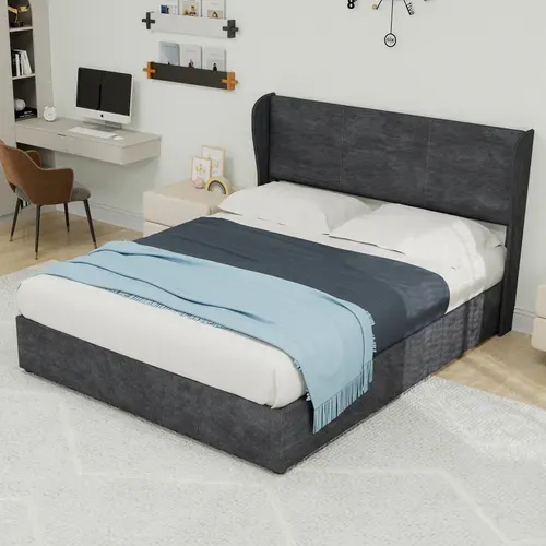 Lit Rembourré 140x200 Cm Avec Structure Avec Coffre De Rangement En Gris