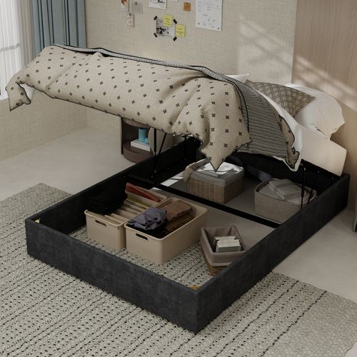 Lit Double 140x200 Cm Avec Structure En Métal Et Tissu En Velours Gris