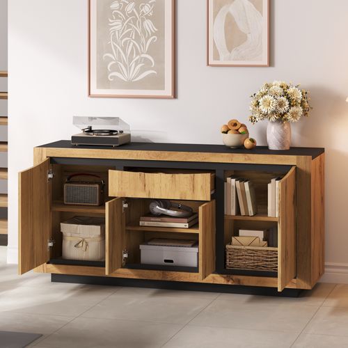 Buffet 140 Cm Avec 4 Portes Et 1 Tiroir En Mdf, Bois Et Noir