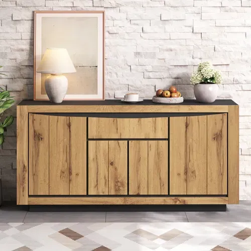 Buffet 140 Cm Avec 4 Portes Et 1 Tiroir En Mdf, Bois Et Noir