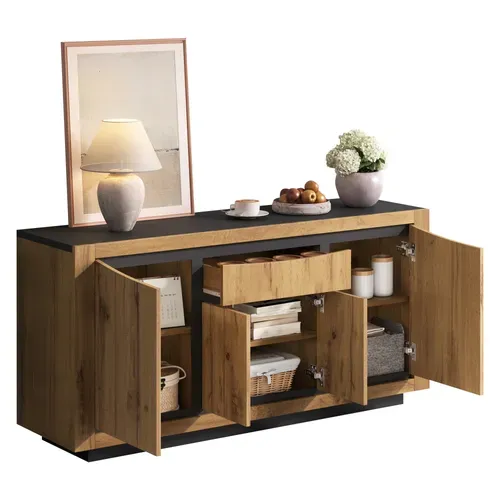 Buffet 140 Cm Avec 4 Portes Et 1 Tiroir En Mdf, Bois Et Noir