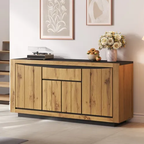 Buffet 140 Cm Avec 4 Portes Et 1 Tiroir En Mdf, Bois Et Noir