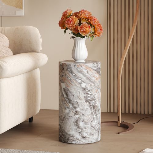 Bout de canapé Ronde 30 Cm Avec Plateau En Mdf Effet Marbre Gris