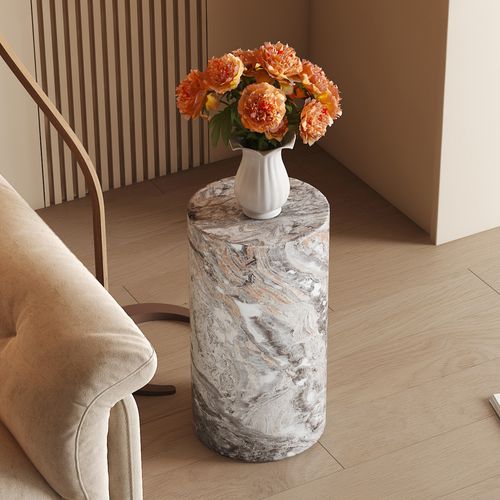 Bout de canapé Ronde 30 Cm Avec Plateau En Mdf Effet Marbre Gris