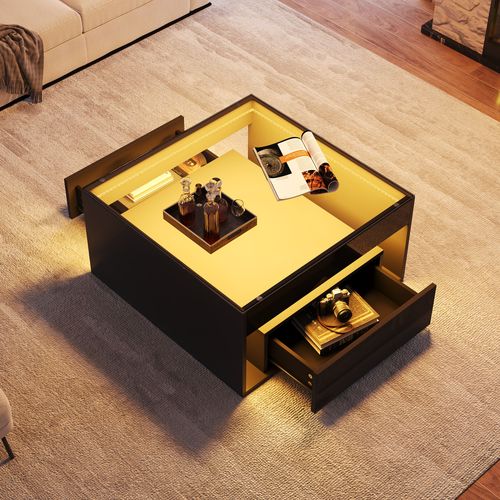 Table Basse 70 X 70 Cm Avec 2 Tiroirs Et Plateau En Verre Trempé Noir