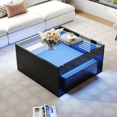 Table Basse 70 X 70 Cm Avec 2 Tiroirs Et Plateau En Verre Trempé Noir