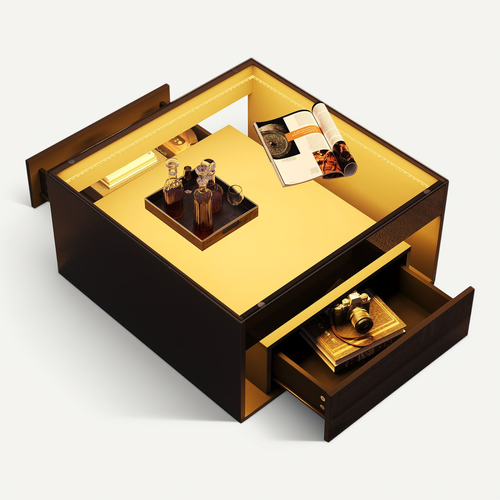 Table Basse 70 X 70 Cm Avec 2 Tiroirs Et Plateau En Verre Trempé Noir