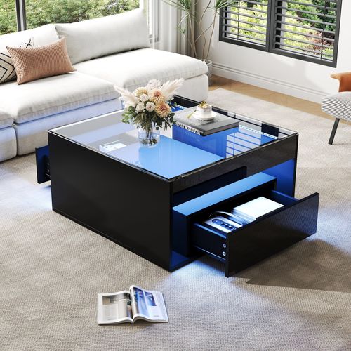 Table Basse 70 X 70 Cm Avec 2 Tiroirs Et Plateau En Verre Trempé Noir