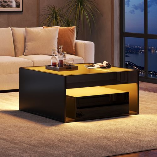 Table Basse 70 X 70 Cm Avec 2 Tiroirs Et Plateau En Verre Trempé Noir