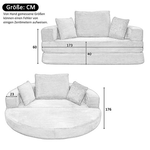 Canapé lit convertible 2 places en velours côtelé beige, 173x176 cm, gain de place, sans montage