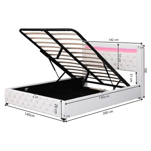 Lit Coffre 140x190 Cm Avec Sommier Relevable Tête De Lit LED En Pu Blanc
