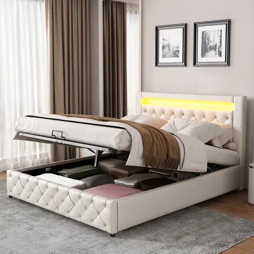 Lit Coffre 140x190 Cm Avec Sommier Relevable Tête De Lit LED En Pu Blanc