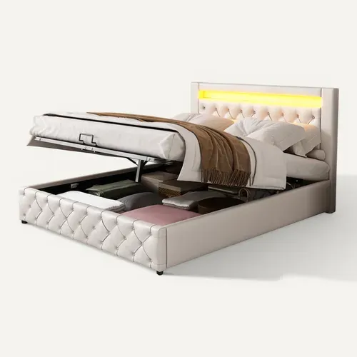 Lit Coffre 140x190 Cm Avec Sommier Relevable Tête De Lit LED En Pu Blanc