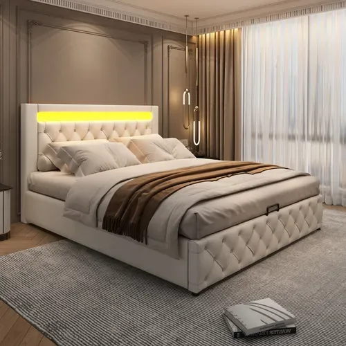 Lit Coffre 140x190 Cm Avec Sommier Relevable Tête De Lit LED En Pu Blanc
