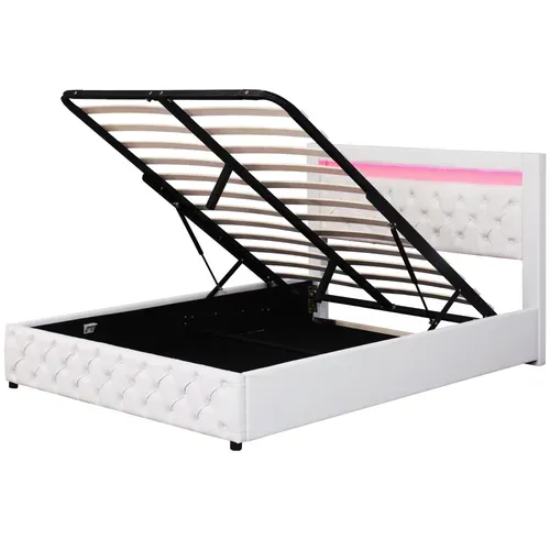 Lit Coffre 140x190 Cm Avec Sommier Relevable Tête De Lit LED En Pu Blanc