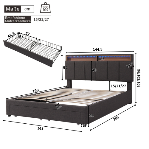 Lit Coffre 140x190 Cm Avec Structure En Acier Et éclairage LED