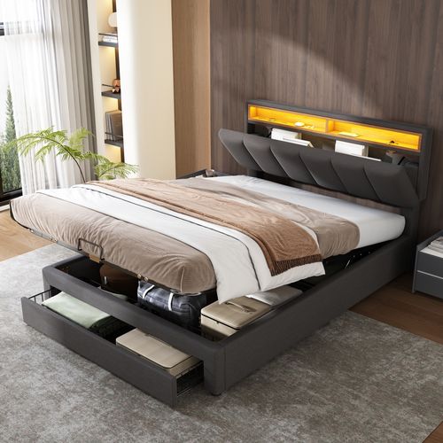 Lit Coffre 140x190 Cm Avec Structure En Acier Et éclairage LED