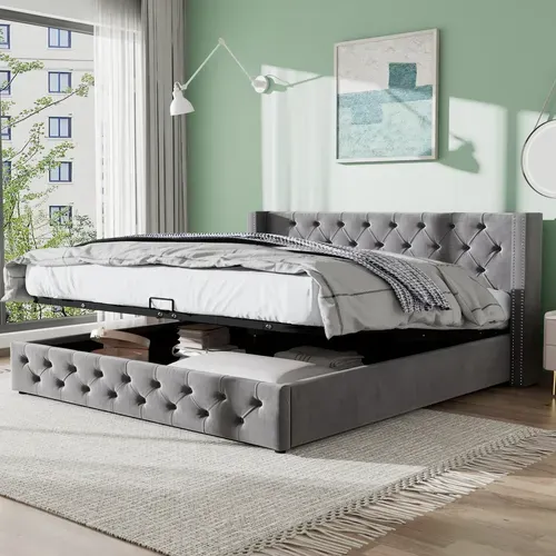 Lit Coffre 140x190 Cm Avec Structure Hydraulique En Velours Gris avec rangement