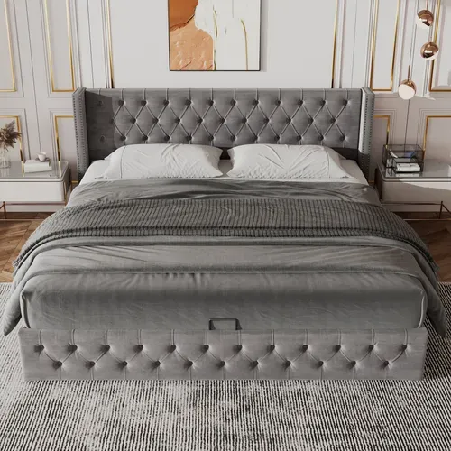 Lit Coffre 140x190 Cm Avec Structure Hydraulique En Velours Gris avec rangement